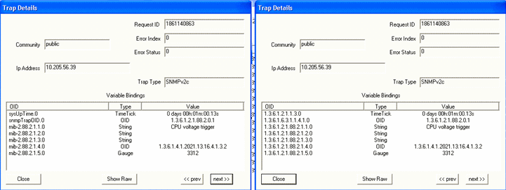 Two screenshots of Trap Details window from an SNMP monitoring tool showing trap info like Request ID, Community, IP Address 10.205.56.39, and SNMPv2c version. Variable Bindings section lists OIDs, types, and values including CPU voltage trigger and 3312. Navigation buttons include Show Raw, prev, and next.