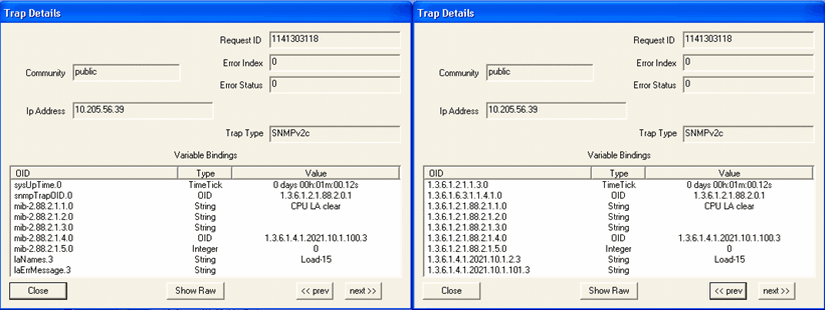 Two windows display SNMP trap details with request ID 1141303118 and IP 10.205.56.39. Each window shows variable bindings for system metrics like uptime and CPU load. Options include Close, Show Raw, and navigation between traps.