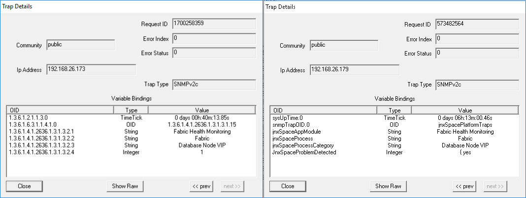 SNMP monitoring tool panels showing traps from devices 192.168.26.173 and 192.168.26.179 with details on request ID, community, error status, IP, trap type, and variable bindings.