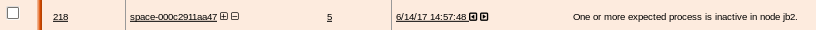 Log entry with ID 218: Inactive process in node jb2 at 6/14/17 14:57:48. Space ID: space-000c29118a47.