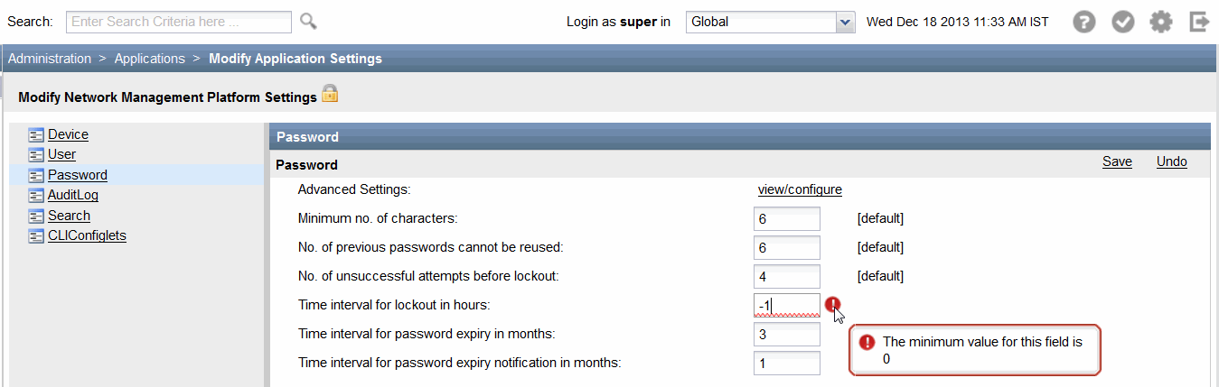 Configuration interface for modifying password settings in a network management platform. Error: Time interval for lockout in hours set to -1, minimum value is 0.