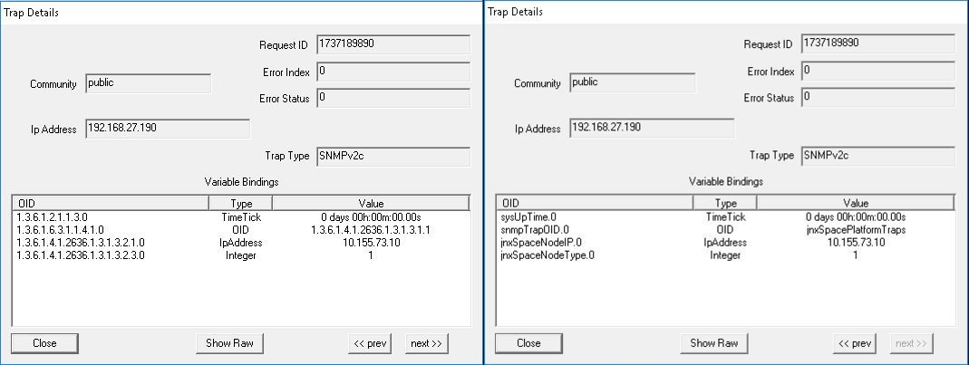 SNMP trap details with Request ID 1737189890 from IP 192.168.27.190 using SNMPv2c. Variable bindings include sysUpTime at 0 days, snmpTrapOID as jnxSpacePlatformTraps, node IP 10.155.73.10, and node type 1.
