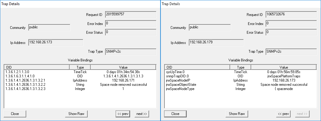 SNMP trap details show successful removal of space nodes from IPs 192.168.26.173 and 192.168.26.179 with uptime and OID info.