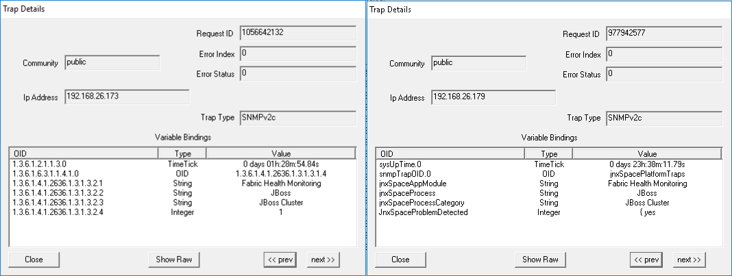 Two SNMP Trap Details windows showing request IDs, community set to public, source IPs 192.168.26.173 and 192.168.26.179, SNMPv2c trap type, and variable bindings with OIDs and values.