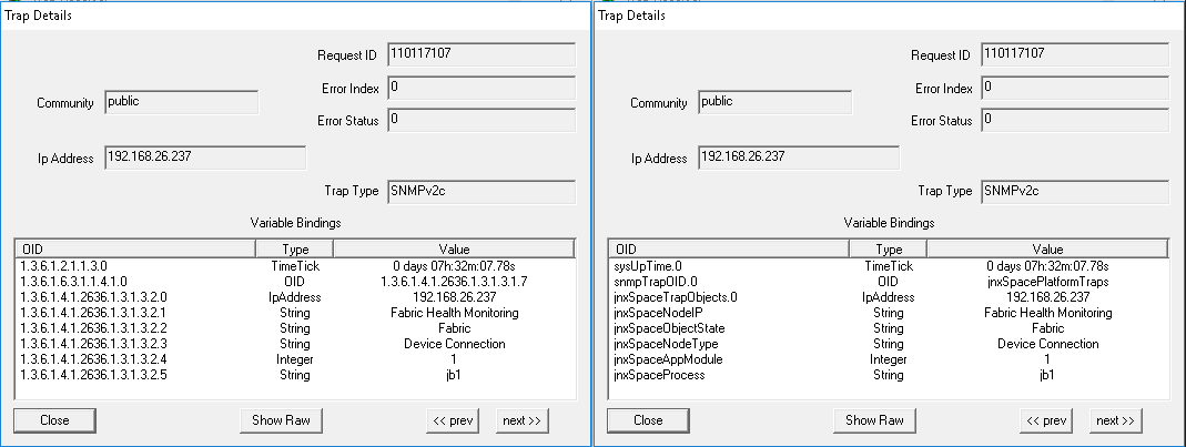 Two SNMP Trap Details panels showing network trap info: Request ID 110171107, Community public, IP Address 192.168.26.237, Trap Type SNMPv2c, Error Index 0, Error Status 0. Variable Bindings list OIDs, data types, and values for Fabric Health Monitoring and Device Connection.
