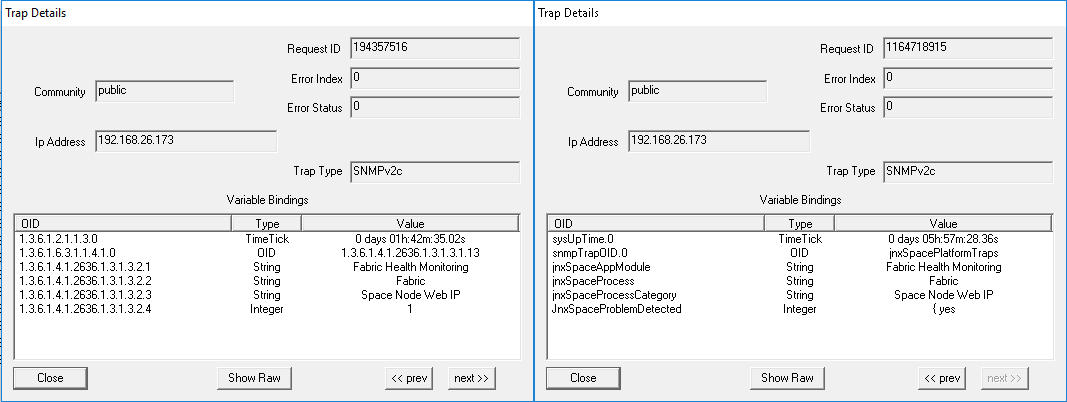 SNMP trap details from device 192.168.26.173 with SNMPv2c. Request IDs 194357516 and 1164718915. OIDs report TimeTick and Fabric Health Monitoring.