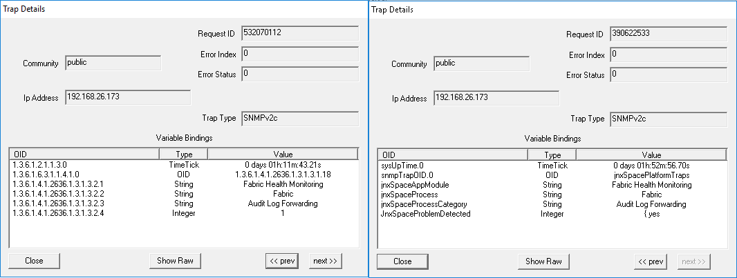 SNMP trap details with two panels: Left panel shows Fabric Health Monitoring and Audit Log Forwarding OIDs; right panel indicates Problem Detected with value yes. Use navigation buttons to switch traps or view raw data.