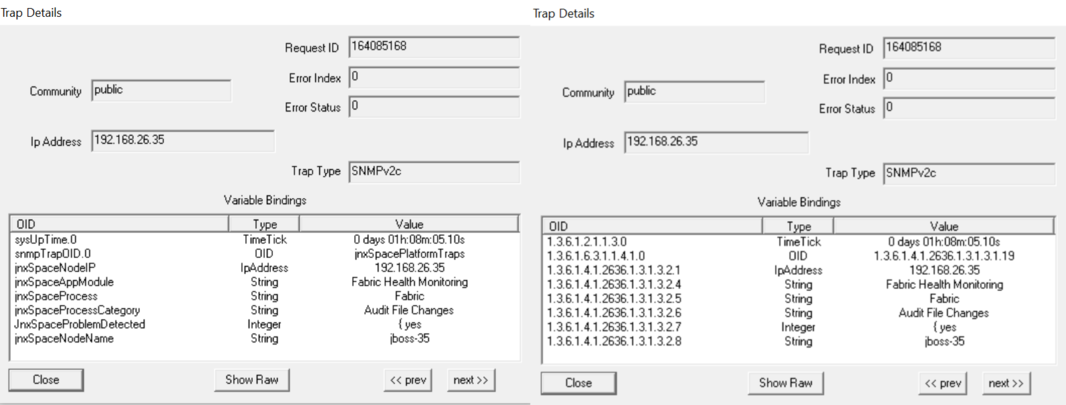 Trap Details panels displaying SNMP trap info: Request ID 164085168, Community public, IP 192.168.26.35, Trap Type SNMPv2c. Left shows descriptive OIDs, right shows numerical OIDs, detailing uptime, node IP, monitoring data.