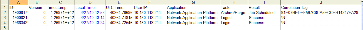 Spreadsheet of log data with columns for ID, Version, Timestamp, Local Time, UTC Time, User IP, Application, Task, Result, and Correlation Tag.