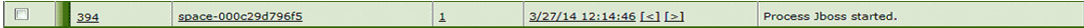 Log entry with checkbox 394, ID space-000c29d79ef5, count 1, timestamp 3/27/14 12:14:46, status Process Jboss started.