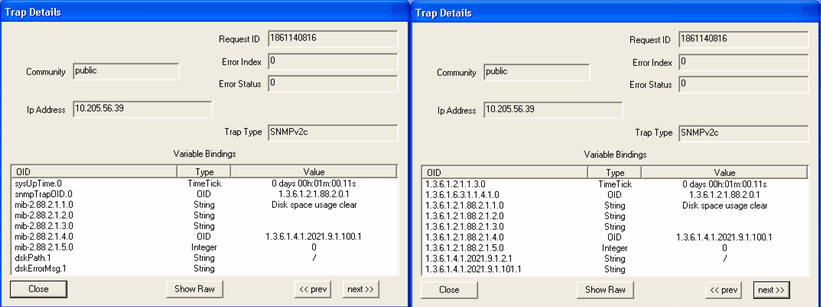 SNMP trap details interface with Request ID, Community set to public, Error Index and Status 0, IP 10.205.56.39, SNMPv2c, and OIDs like sysUpTime and Disk space usage clear.