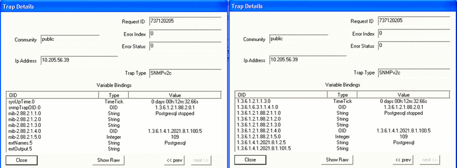 Two panels of SNMP monitoring showing trap details: Request ID 737120205, SNMP community public, no errors, IP 10.205.56.39, SNMPv2c version. Variable bindings include system uptime and PostgreSQL stopped status.