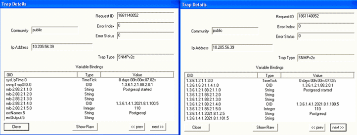 Screenshots of a network monitoring tool displaying SNMP trap details with request ID, community as public, no errors, source IP 10.205.56.39, SNMPv2c trap type, OIDs with values like PostgreSQL started, and navigation buttons for traps.