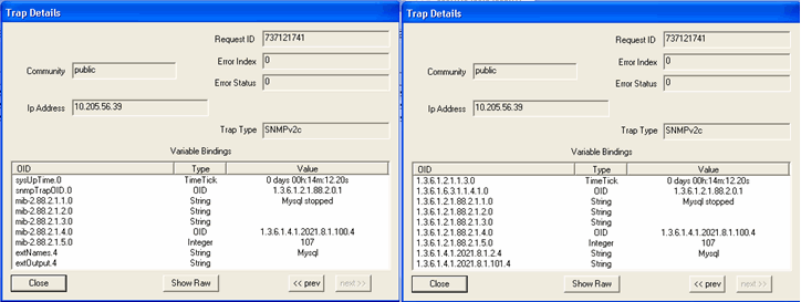 Screenshots of SNMP monitoring tool showing Trap Details with Request ID 73712741, Community public, no errors, IP 10.205.56.39, Trap Type SNMPv2c, and OIDs with values like MySQL stopped.