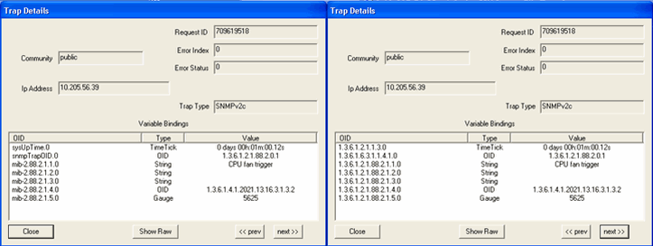 Trap Details window displays SNMP trap info: Request ID, Community, Error Index, Error Status, IP 10.205.56.39, SNMPv2c, Variable Bindings with OIDs and metrics.