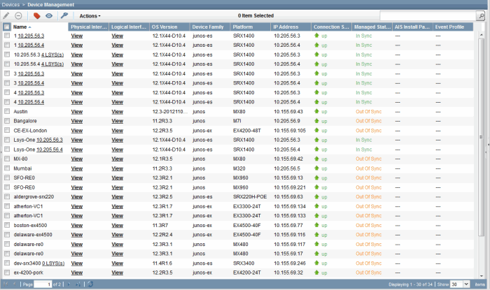 Device Management interface listing network devices with Name, Physical and Logical Interfaces, OS Version, Device Family, Platform, IP Address, Connection and Managed Status.