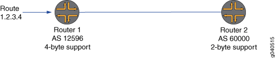 Network diagram with Router 1 AS number 123456 supporting 4-byte AS numbers and Router 2 AS number 65000 supporting 2-byte AS numbers. Route 1.2.3.4 is advertised.