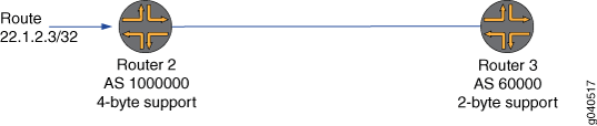 Network topology showing Router 2 (AS 100000, 4-byte) linked to Router 3 (AS 65000, 2-byte). Route 192.1.2.3/32 is advertised.