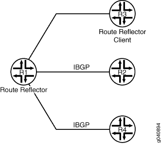 Network topology with BGP Route Reflector R1 redistributing routes between Client R3 and Non-Clients R2 and R4; IGP used internally.