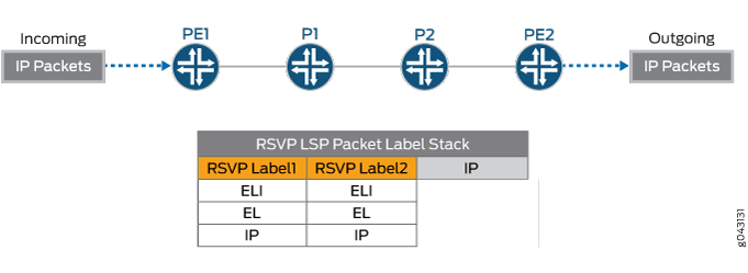 Network diagram showing IP packet flow through routers PE1, P1, P2, and PE2 with RSVP LSP label stack for load balancing in MPLS networks.