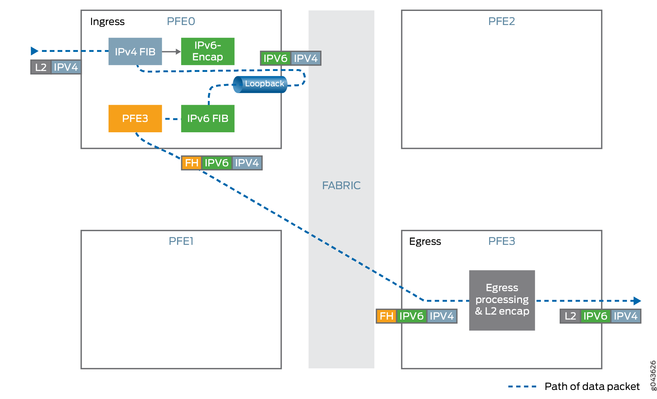 Data packet path in a network device through ingress, fabric, and egress stages in a Packet Forwarding Engine architecture, highlighting IPv4/IPv6 processing.