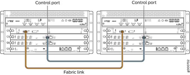 Two Juniper Networks routers connected with control ports for management communication and fabric links for high-speed data transfer.