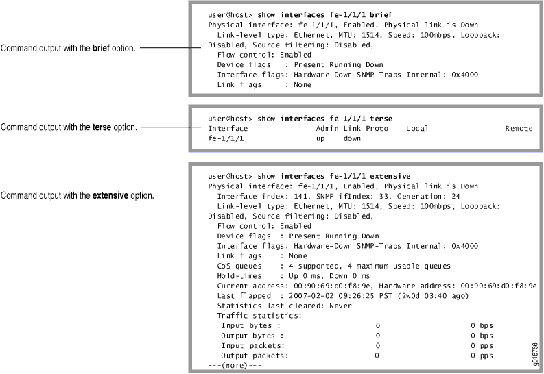 Three `show interfaces` command outputs for `fe-1/1/1` on Junos OS. `Brief`: status summary; `terse`: concise table; `extensive`: detailed info.