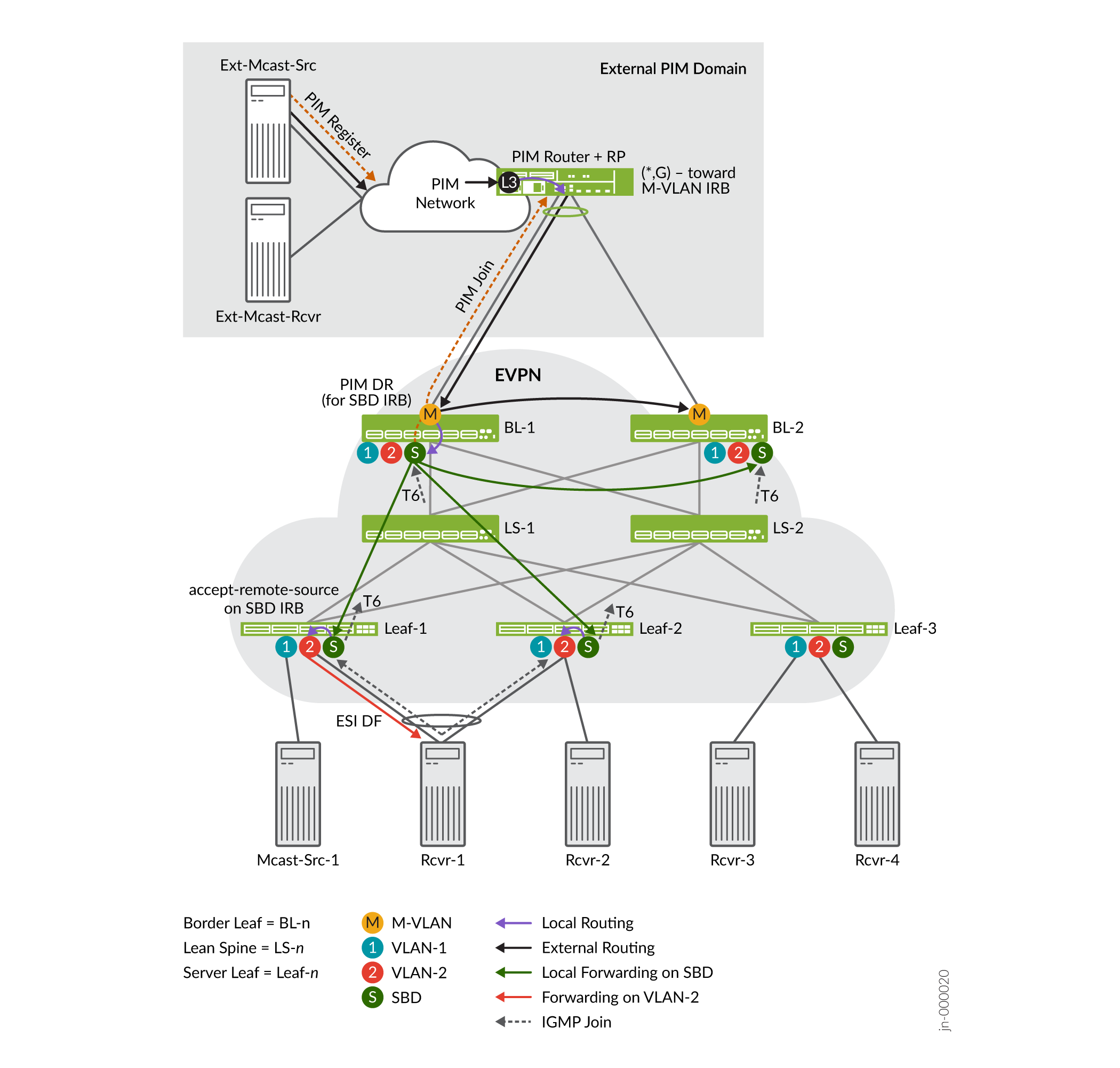 Network topology diagram showing multicast traffic flow in an EVPN environment integrating external PIM domains with labeled components and connections.