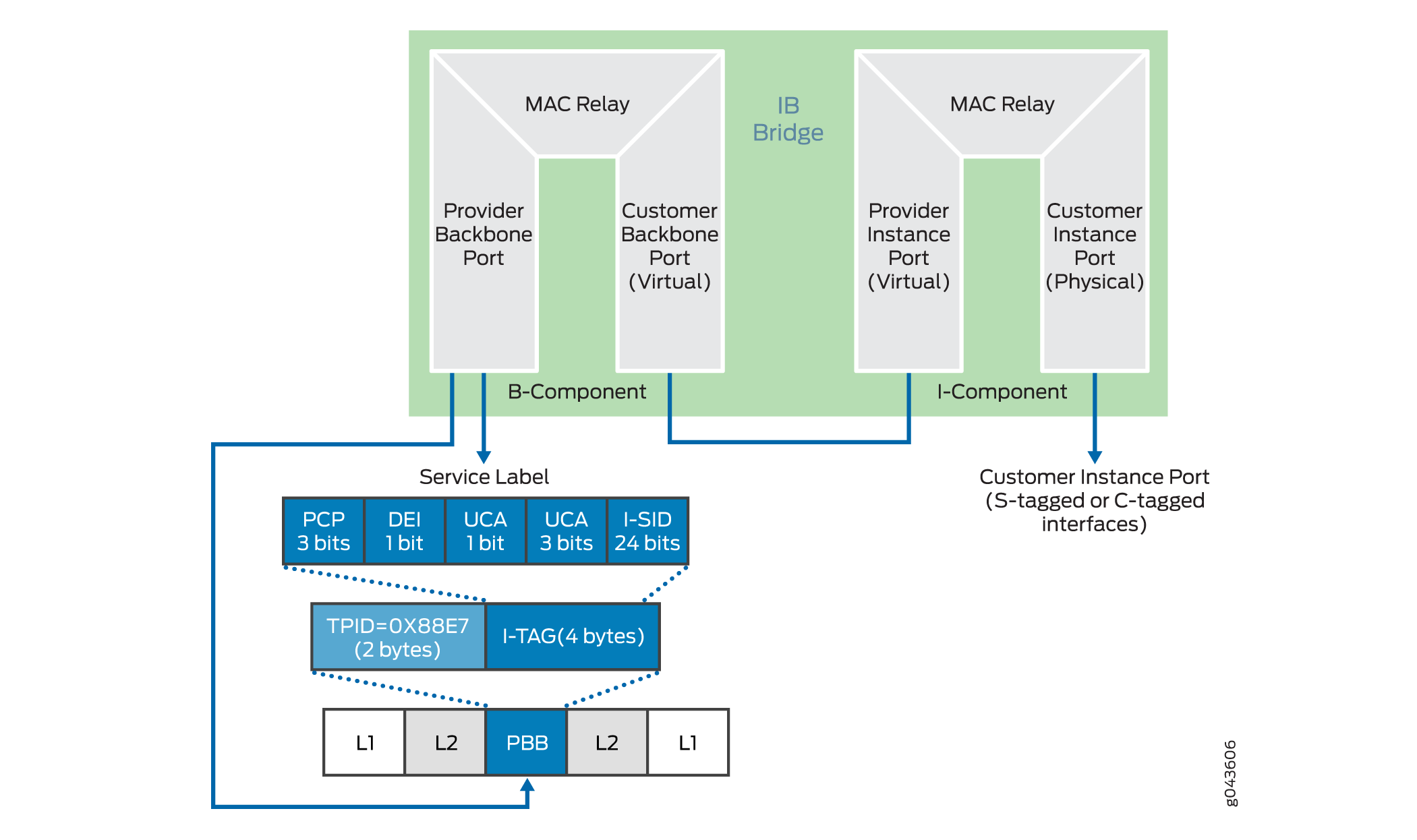 Provider Backbone Bridging architecture showing IB Bridge, B-Component, I-Component, MAC Relay, Service Label with I-TAG details, and encapsulation layers L1, L2, PBB.