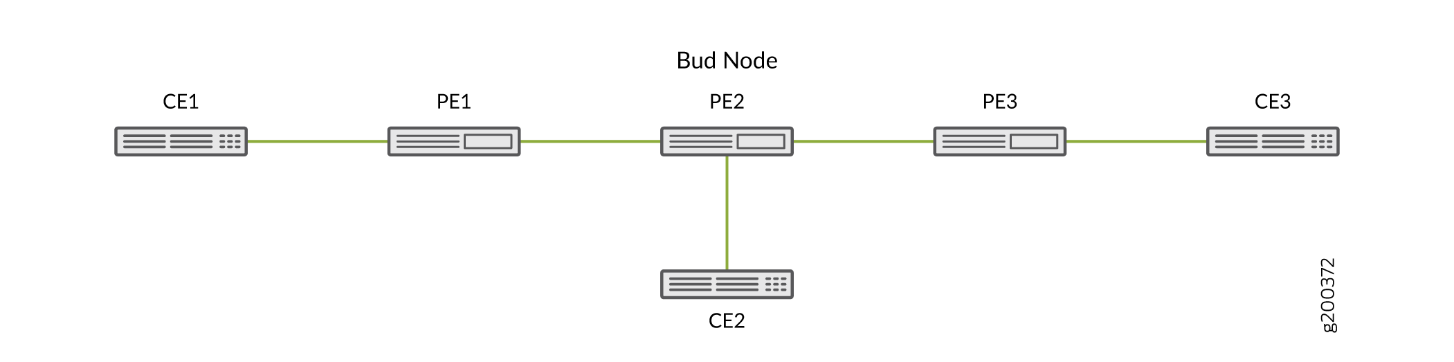 Network topology diagram with Customer Edge CE1, CE2, CE3 and Provider Edge PE1, PE2, PE3 devices. PE2 is a Bud Node connecting to CE2. Green lines show device interconnections.