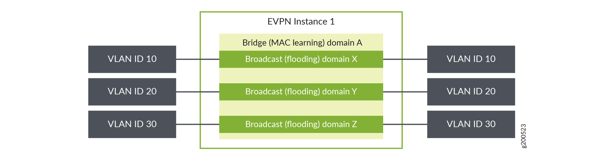 Conceptual diagram of an Ethernet VPN instance showing VLAN mapping. VLANs 10, 20, and 30 are mapped to broadcast domains X, Y, and Z within the EVPN framework.