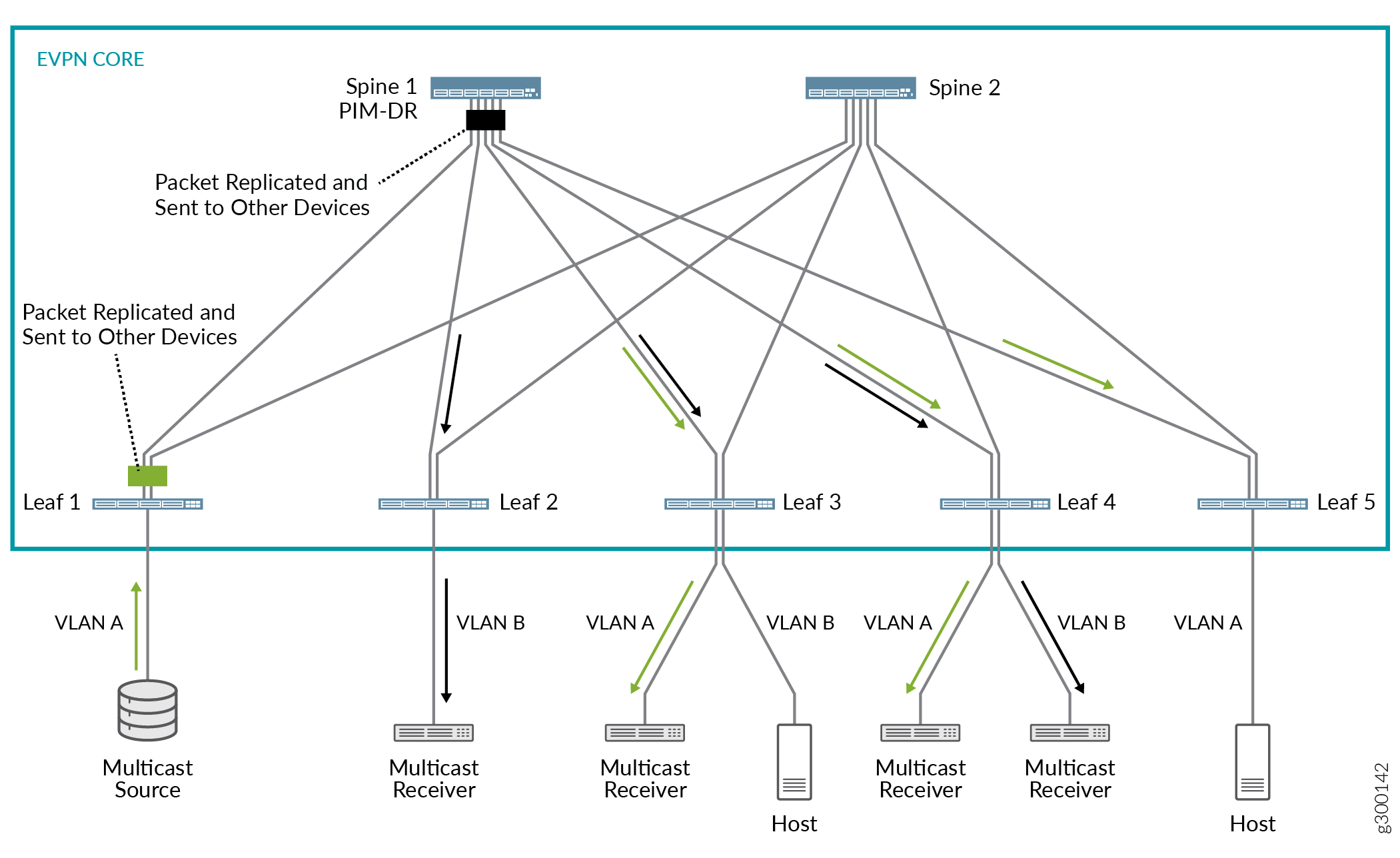 EVPN core network diagram with spine-leaf architecture showing multicast traffic flow from source to receivers across VLANs A and B.