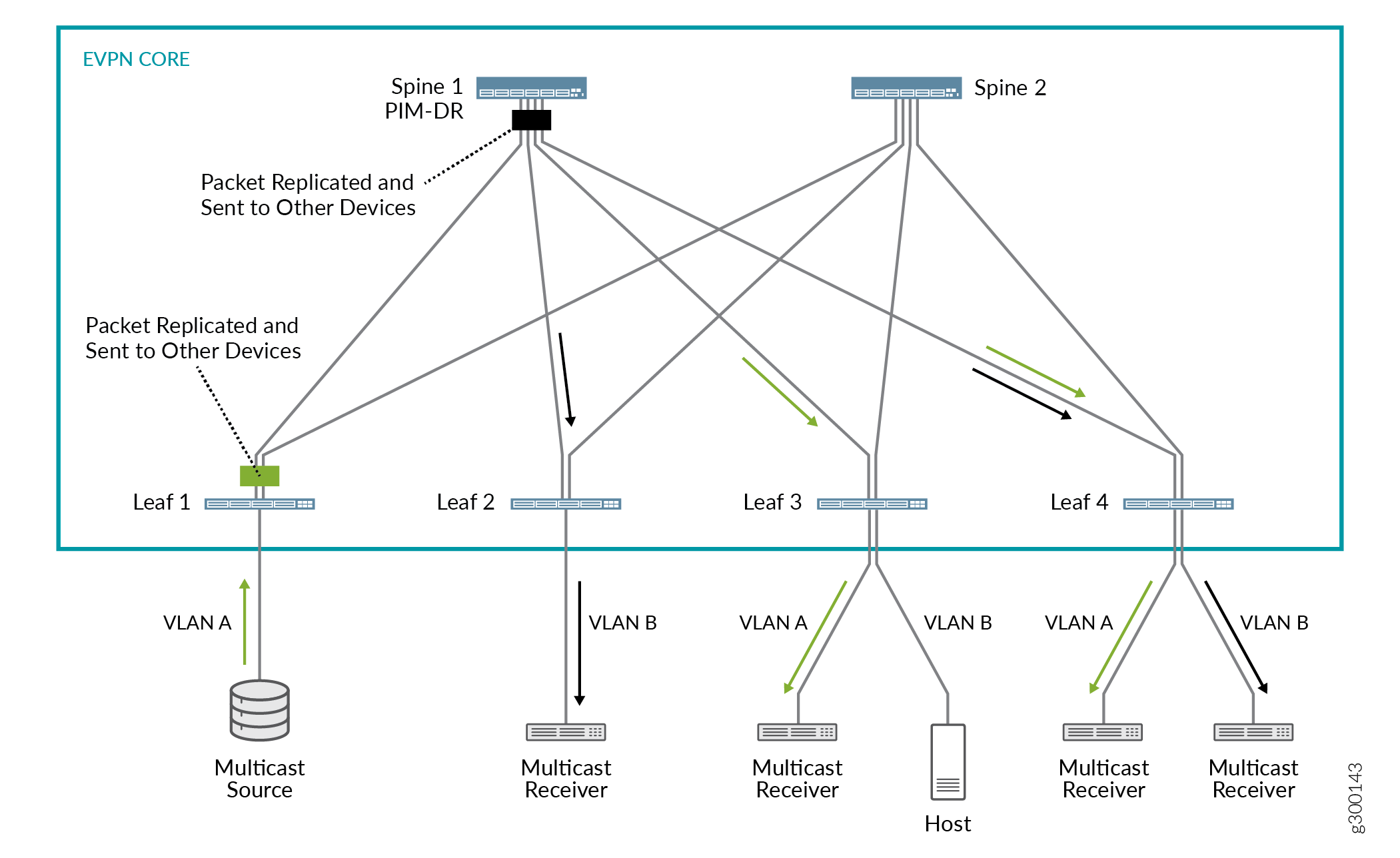 Network diagram of EVPN core architecture with spine-leaf topology. Spine 1 and Spine 2, Leaf 1 to Leaf 4 switches. Multicast source at Leaf 1. Receivers at Leaf 2, Leaf 3, Leaf 4 in VLAN A and B. Traffic flow arrows show multicast packet distribution.