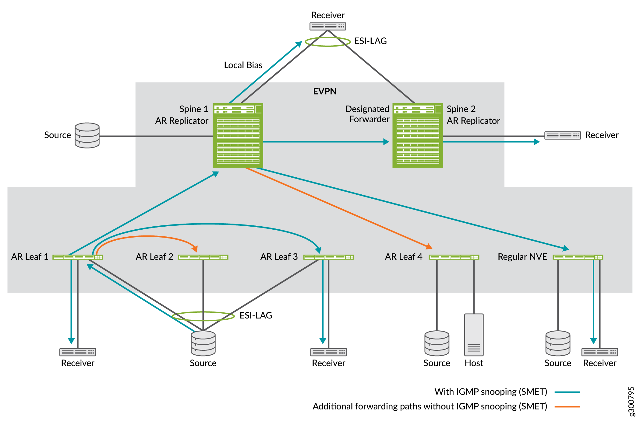 Network topology diagram showing multicast traffic forwarding in EVPN. Spine switches act as AR replicators. Leaf switches handle traffic. ESI-LAG used for redundancy. Designated forwarder manages traffic. Blue lines indicate optimized IGMP snooping paths; orange lines show additional paths.