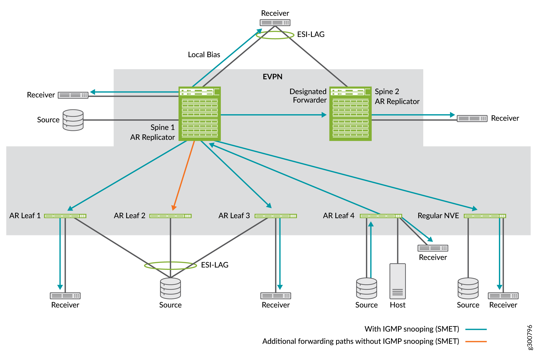 Network topology diagram showing multicast traffic flow in EVPN using IGMP snooping with SMET for optimized delivery; blue arrows indicate efficient paths.