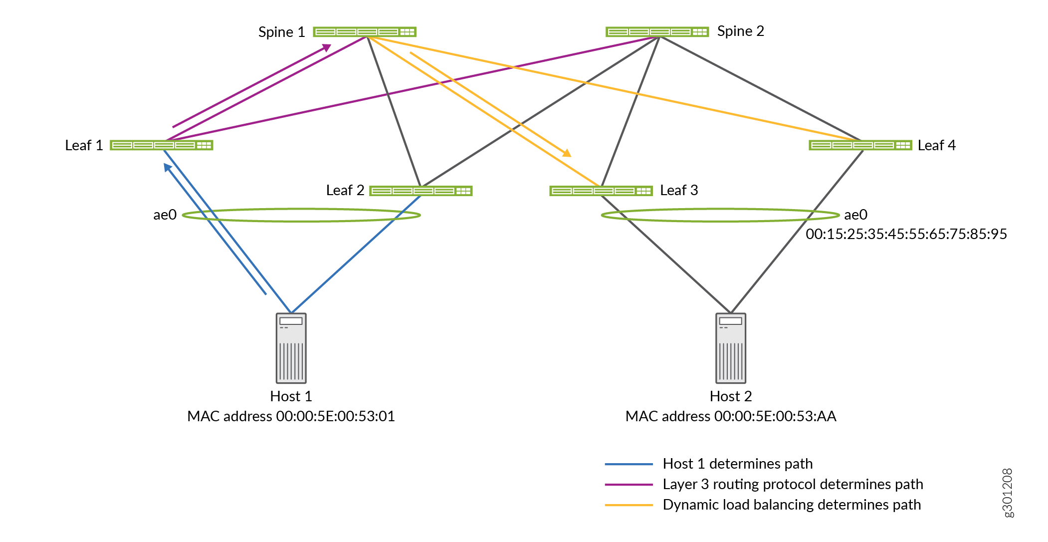 Leaf-spine network topology diagram showing connectivity between hosts, leaf switches, and spine switches with path determination by Host 1, Layer 3 routing, and dynamic load balancing.