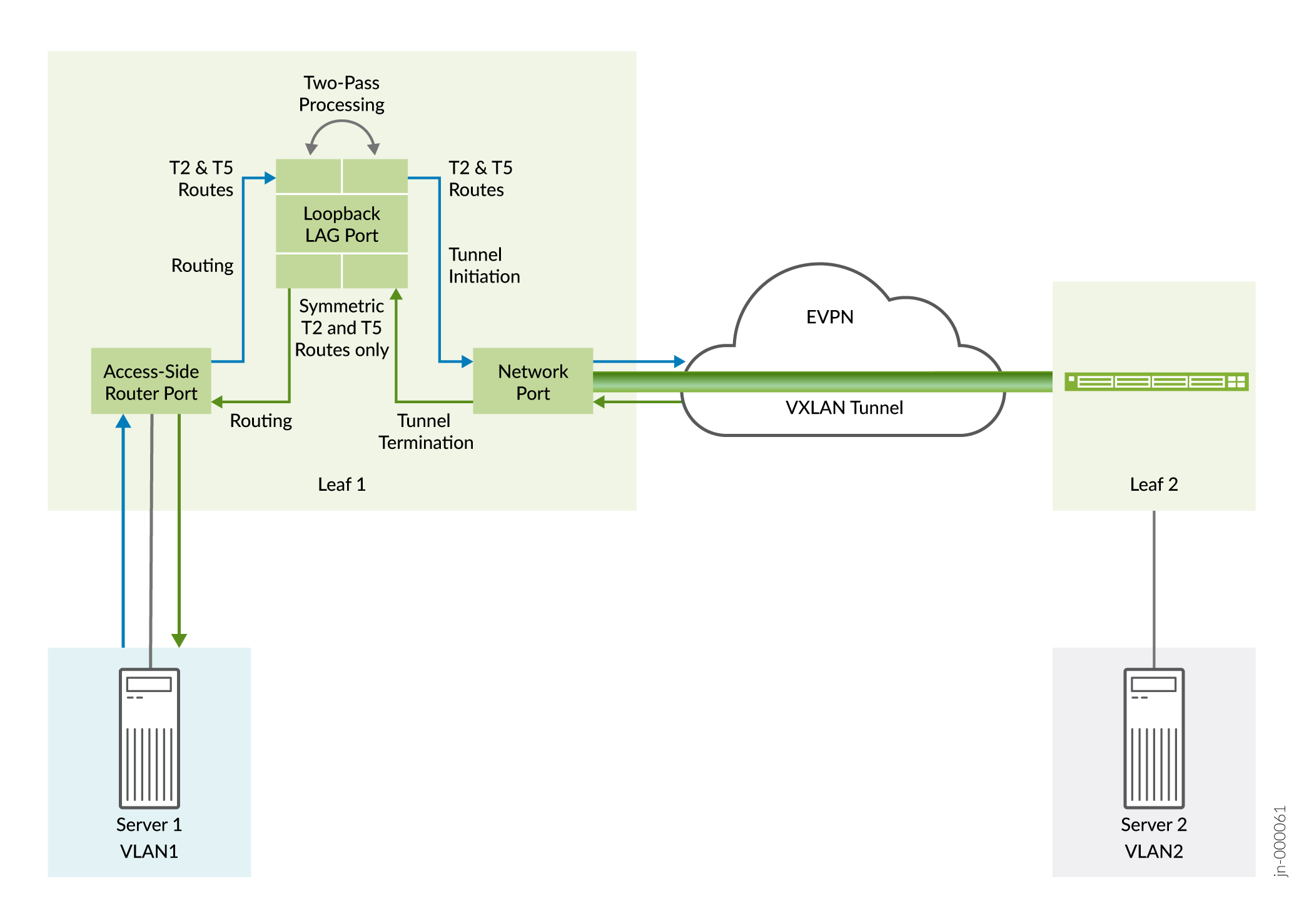 Network architecture showing EVPN and VXLAN tunneling between Leaf 1 and Leaf 2 with servers on different VLANs, using a two-pass RIOT loopback process on Leaf 1.