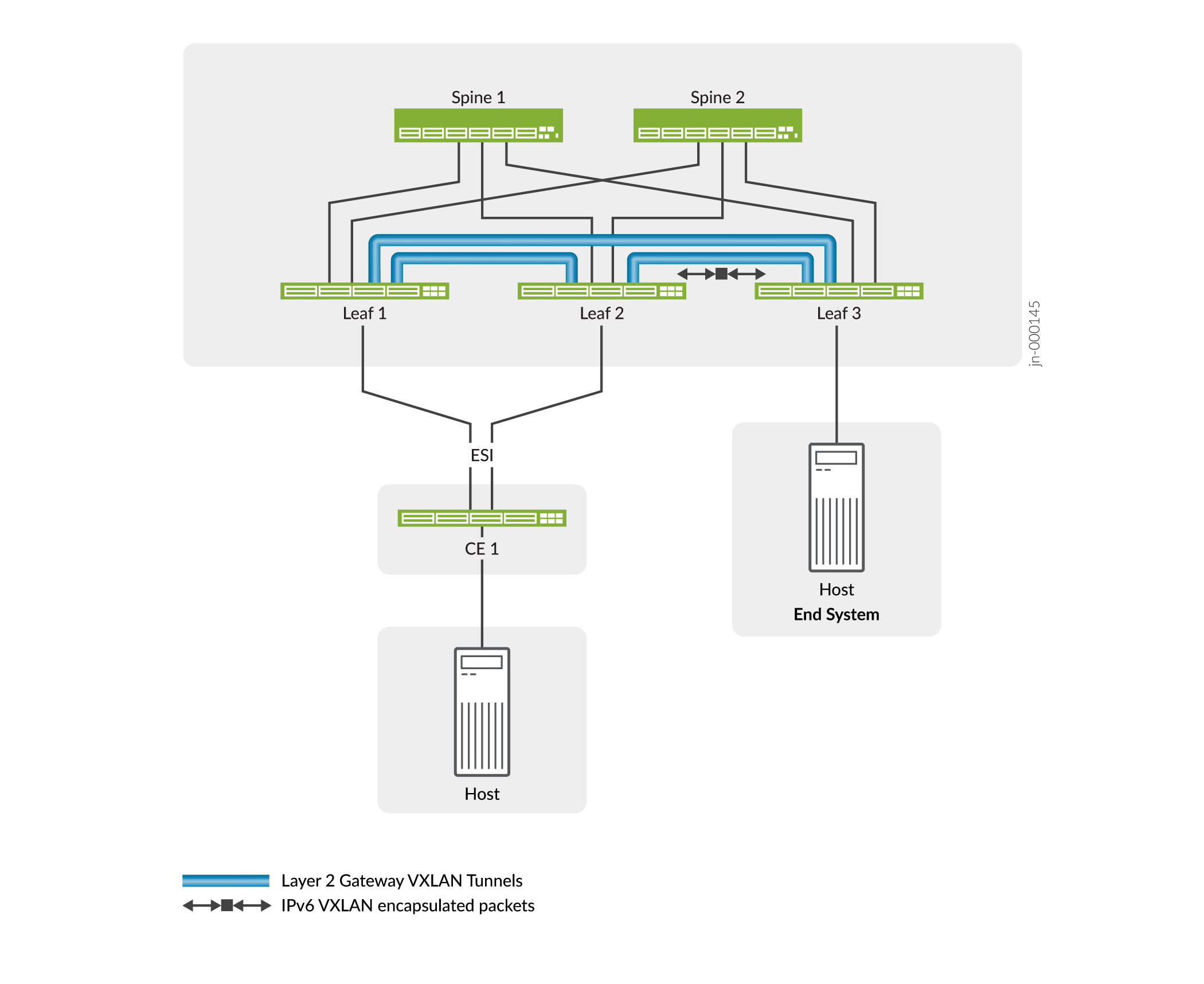 Network topology diagram showing spine-leaf architecture with two spine switches, three leaf switches, VXLAN tunneling, and IPv6 packet flow.