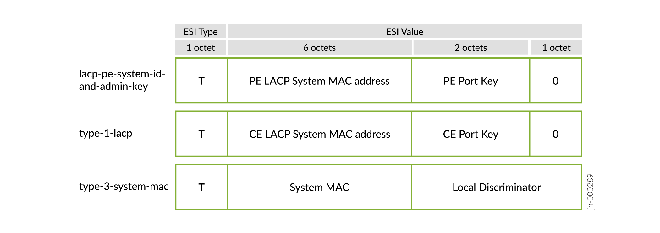 Table of ESI types and values: 1. lacp-pe-system-id-and-admin-key: PE LACP System MAC address, PE Port Key. 2. type-1-lacp: CE LACP System MAC address, CE Port Key. 3. type-3-system-mac: System MAC, Local Discriminator.