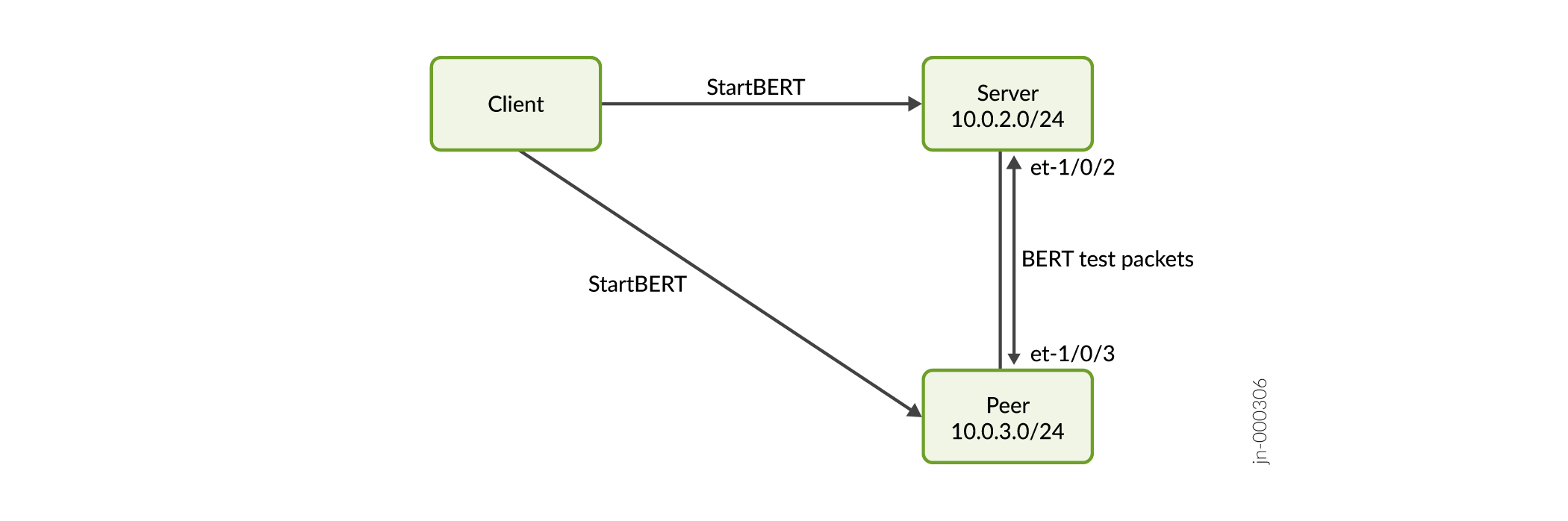 Network diagram of Bit Error Rate Test setup with Client, Server, and Peer exchanging test packets.