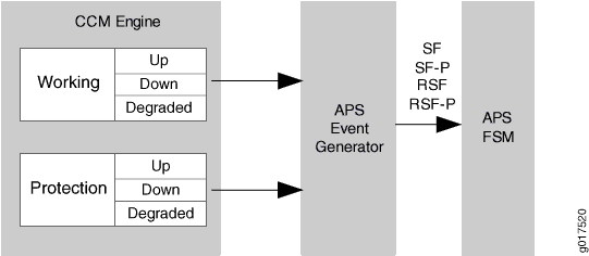 System diagram of Automatic Protection Switching showing CCM Engine with working and protection paths, APS Event Generator, APS events like SF, SF-P, RSF, RSF-P, and APS FSM for path switching.