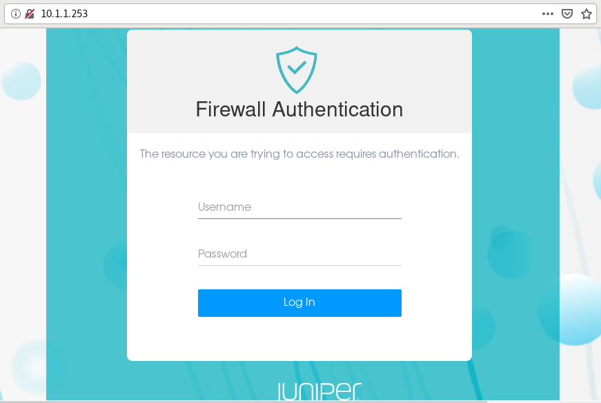 Login page for firewall authentication with shield icon and text Firewall Authentication associated with Juniper Networks.
