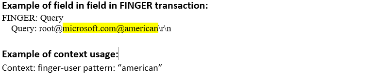 Examples of FINGER protocol fields and context usage with root at microsoft.com at american query format and finger-user pattern american.