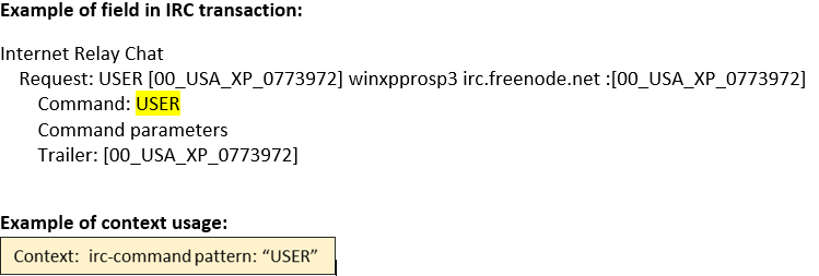 IRC transaction field example illustrating USER command structure with request, command parameters, and trailer metadata.