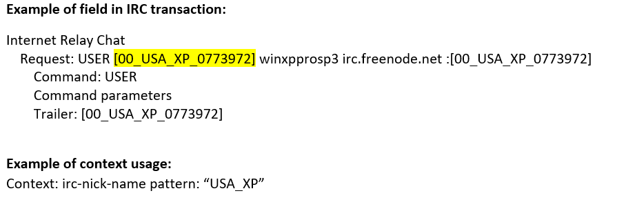 IRC transaction field example highlighting USER command with nickname pattern 00_USA_XP_0773972 and context usage USA_XP.