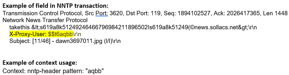 NNTP transaction example showing TCP connection details. X-Proxy-User field highlighted with value $$t6aqbb. Context usage example references nntp-header pattern aqbb.