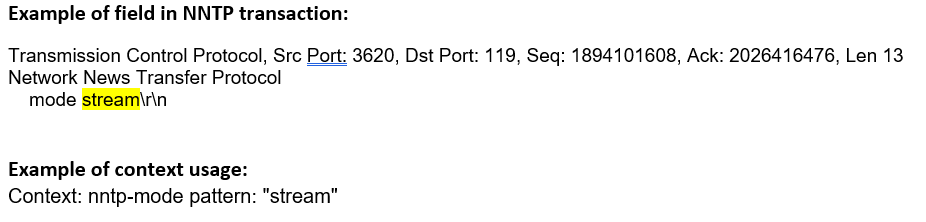 Field in NNTP transaction showing TCP packet details and NNTP command mode stream. Context usage highlights the word stream in yellow.