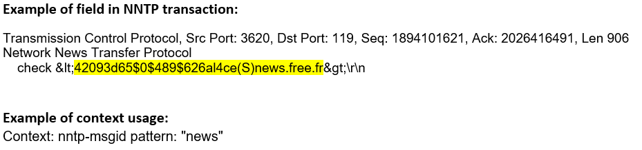 NNTP transaction field with TCP data: source port, destination port, sequence, acknowledgment, length. Highlighted message ID: 42093d65$0$489$626aI4ce$S$news.free.fr associated with news.