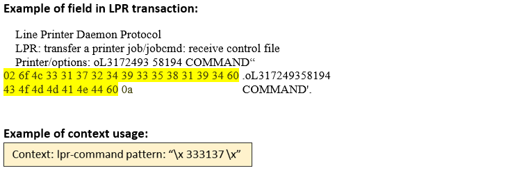 LPD protocol example showing command structure for receiving control file with hexadecimal data 026f4c33313732343933353831393460 representing printer options oL317249358194 and COMMAND.