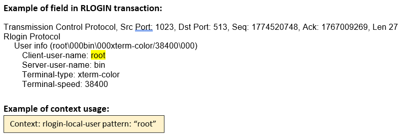 RLOGIN transaction example showing TCP communication details and user info: root highlighted, server-user-name bin, terminal-type xterm-color, terminal-speed 38400.